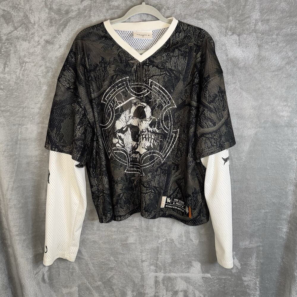 YoungLA Sinister Longsleeve Jersey Mens Large Twofer Shirt Camo Skull Y2K Grunge